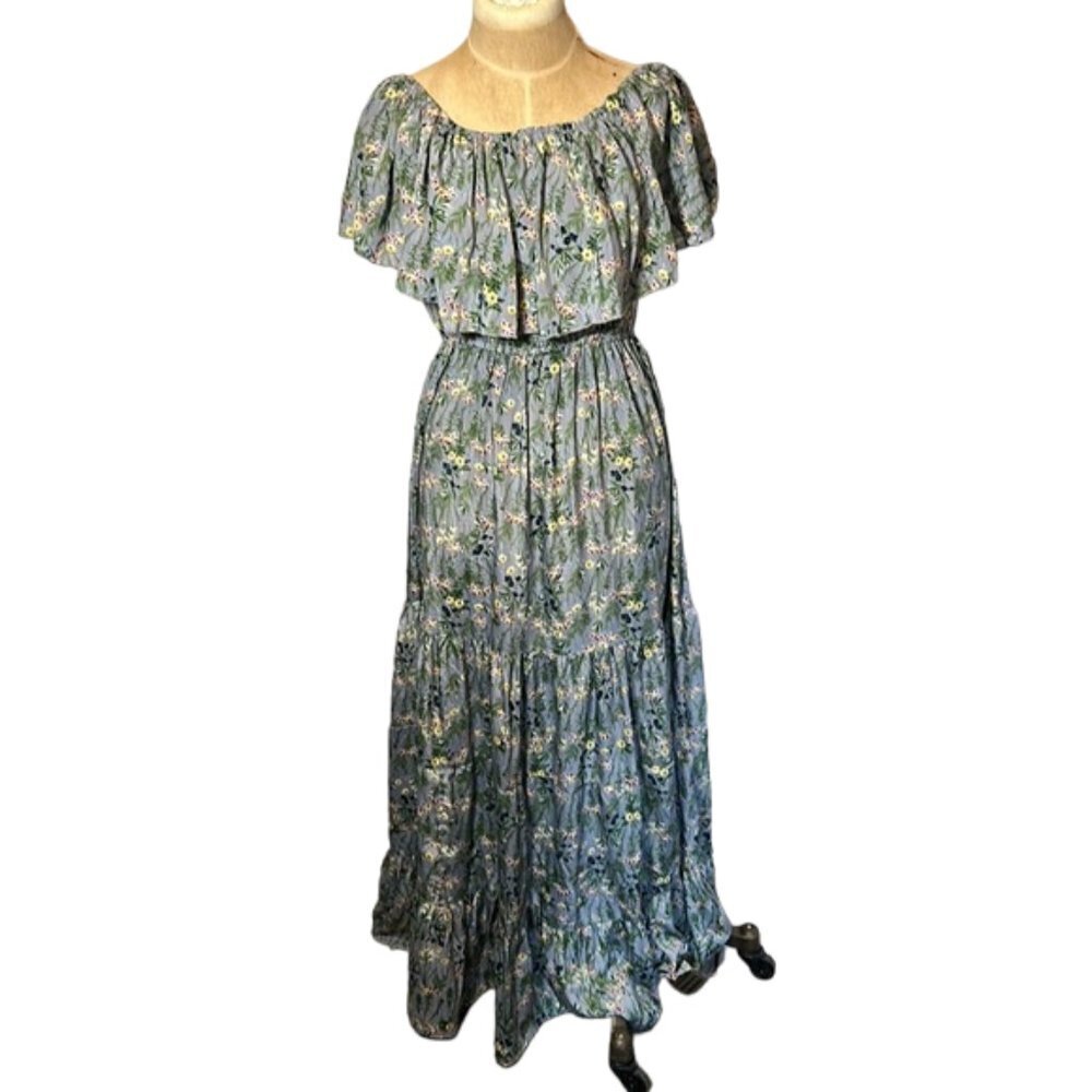 Elan Floral Maxi Dress Off‎ The Shoulder Tiered Ruffle Blue Boho Summer Small